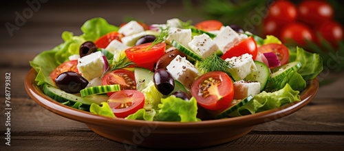 Greek salad, a traditional Mediterranean dish, featuring a close up of a bowl filled with fresh tomatoes, cucumbers, and savory feta cheese