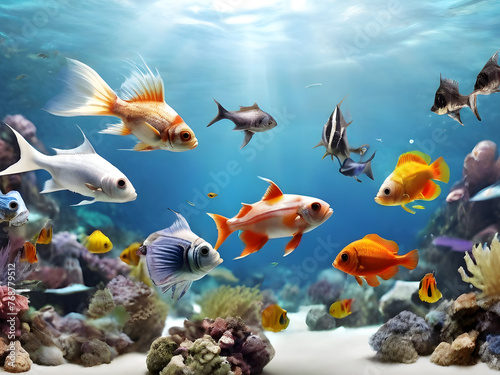 Aquarium fish on display, The beautiful red and white Oranda goldfish on isolated blue background. Oranda goldfish (Carassius auratus) is one of the most popular ornamental fish. - generative ai