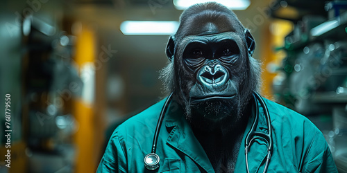 Intelligent Gorilla Doctor Poses for a Futuristic Hospital Banner