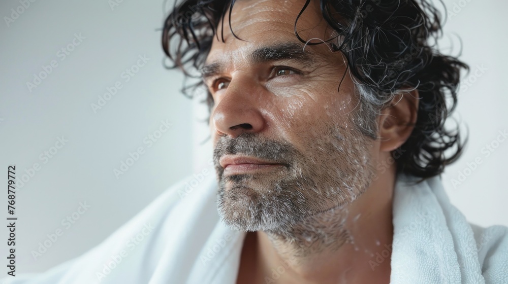 A man with a beard and mustache shaving cream on his face looking contemplative.
