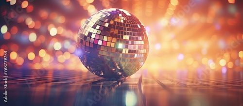 A shiny disco ball is placed on a reflective surface, creating a dazzling and vibrant display of light and reflections