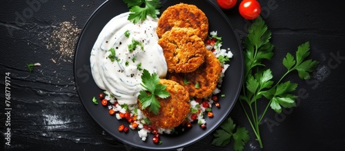 A close-up view of a plate of food containing rice, vegetables, roasted chickpea falafel patties, garlic yogurt sauce, and tomato sauce on paper over a dark stone background