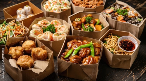 A variety of Asian food is displayed in cardboard boxes. The boxes are arranged in a row, with some containing noodles and others containing meat. Scene is one of abundance and variety