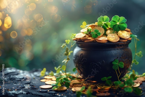 Shamrock leaves and gold coins in a black pot. Generative Ai