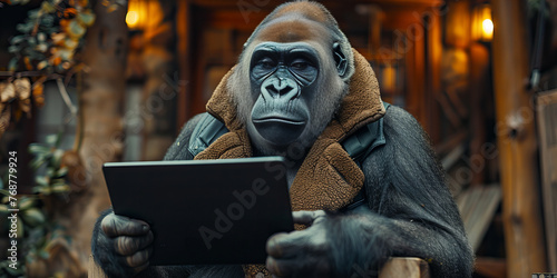 Contemplative Gorilla Engrossed in Modern Technology Banner