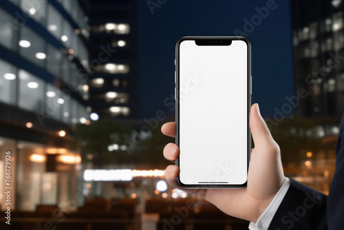 Mockup of a hand holding smart phone with blank white screen over blurred city background © Synthetica