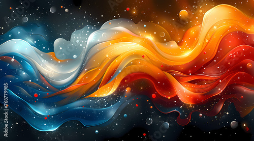 Abstract background; Silk and flames; Blue, orange, red, white, purple color; Smoke