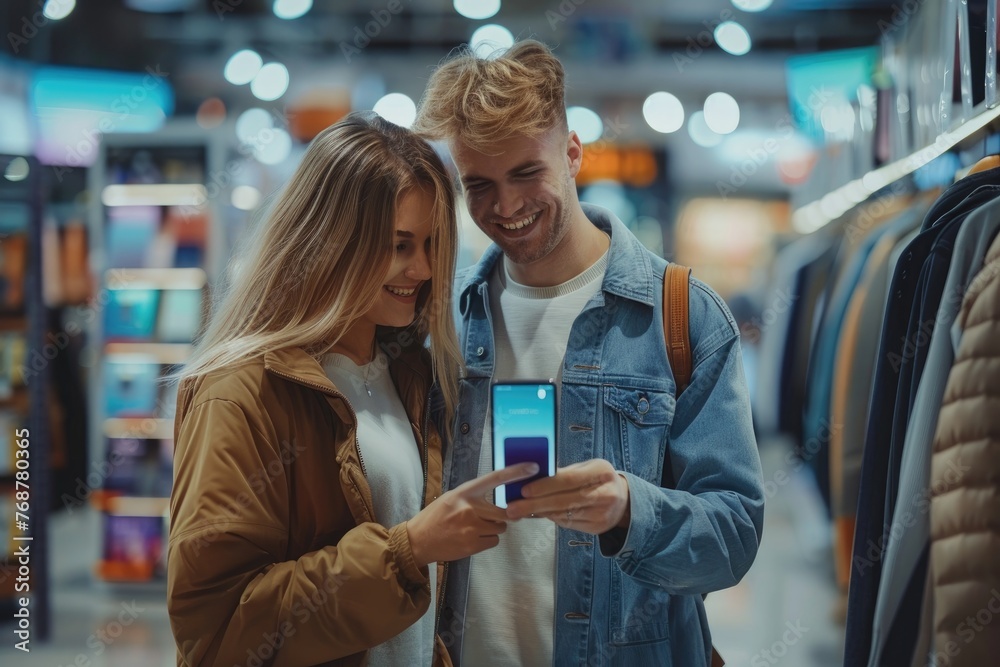 Joyful couple purchasing a smartphone in a store. Generative Ai