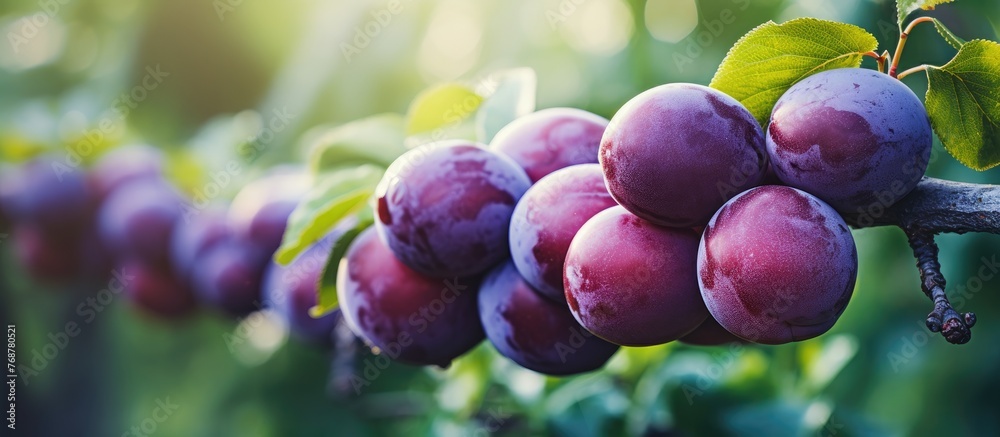 Multiple ripe plums with a vibrant color hanging on a tree branch in the farmer's harvest - obrazy, fototapety, plakaty 