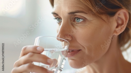 Woman with blue eyes drinking water from a glass.