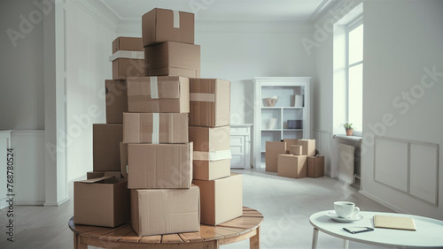 Relocating. An empty room with a stack of cardboard boxes