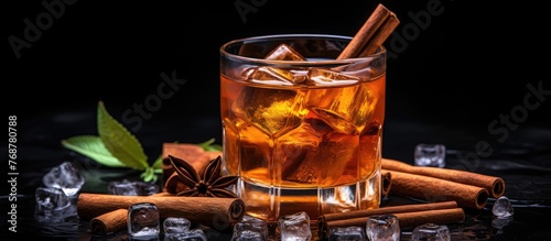 Glass filled with whiskey, ...