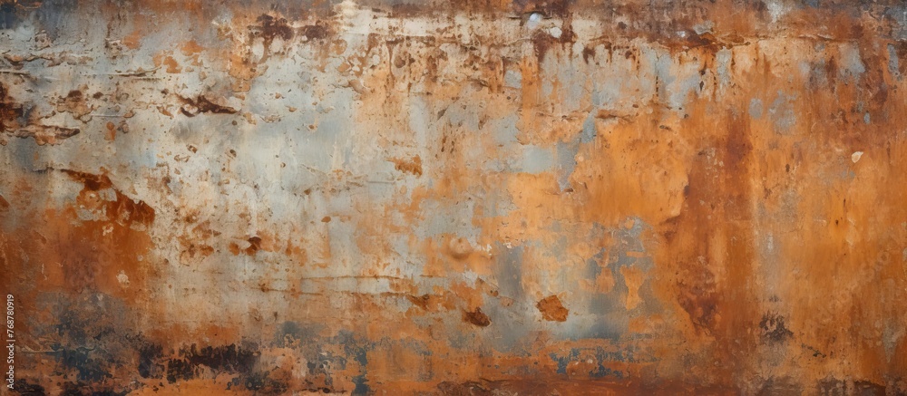 A weathered and worn surface of old rusty metal, displaying a texture, used as a background for a rusty steel wall