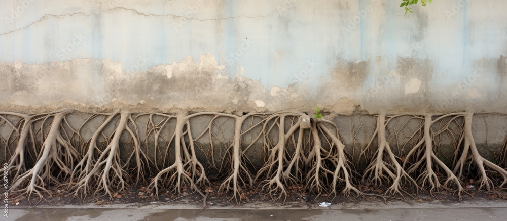 Tree Roots Collapsed Wall Lush trees are seen thriving against a concrete wall, with Ficus tree ...