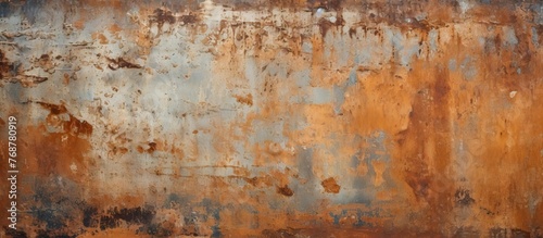 A weathered and worn surface of old rusty metal, displaying a texture, used as a background for a rusty steel wall