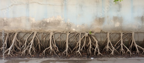 Lush trees are seen thriving against a concrete wall, with Ficus tree roots invading a drainage pipe and spreading on the moldy surface photo