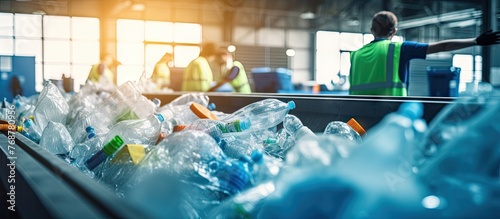 View of a conveyor belt close-up featuring plastic bottles and assorted objects for effective waste segregation at plastic sorting stations photo