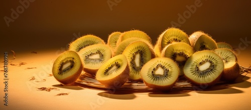 Numerous ripe kiwis are pla...