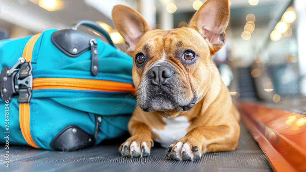 Happy dog ​​sitting next to a suitcase, getting ready for vacation. Concept for vacation, moving, transporting animals, traveling with pets.