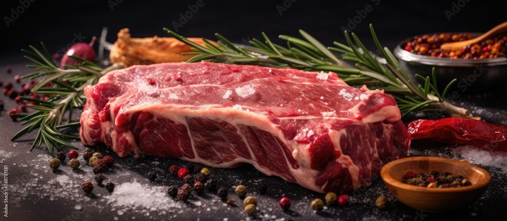 Raw meat with bones is displayed on a light background, sprinkled with aromatic spices for seasoning