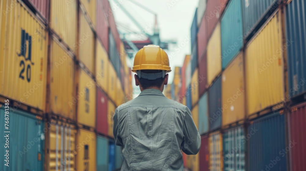 A worker in a yellow hard hat and gray shirt walking through a colorful shipping container yard. A worker in a yellow hard hat and gray shirt walking through a colorful shipping container yard.