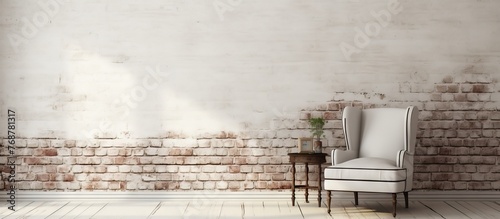 Vintage wooden chair placed in a room with a red brick wall, creating a rustic and charming atmosphere