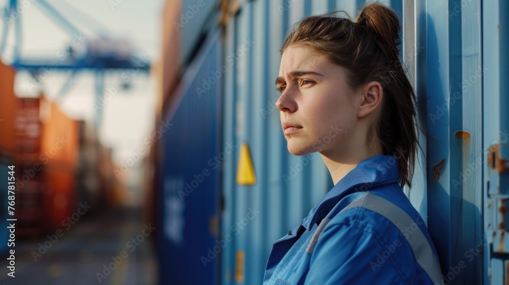 Young woman in blue uniform standing against blue shipping container looking contemplative with a slight frown in a port setting with orange crates and blue sky in the background.