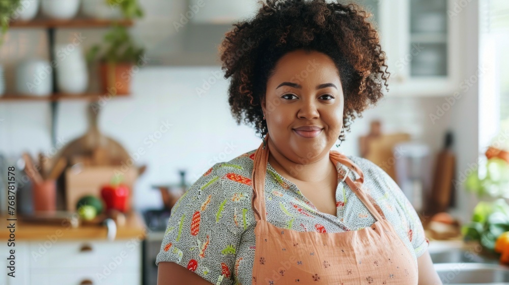A cheerful woman with curly hair wearing a patterned apron standing in a kitchen with a warm and inviting ambiance.