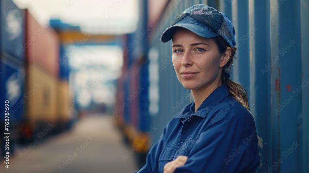 A woman in a blue uniform and cap standing confidently against a backdrop of industrial containers and a blue wall. A woman in a blue uniform and cap standing confidently against a backdrop of industrial containers and a blue wall.