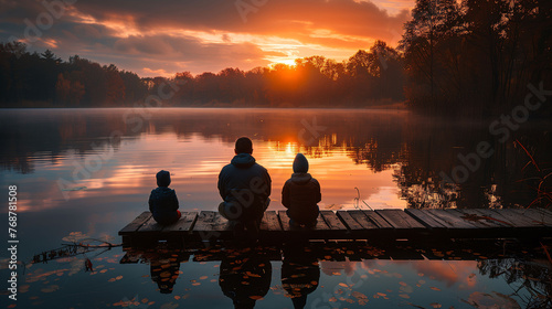 Three people sitting on a dock  watching a serene sunrise over a calm lake with reflections of trees in the water.