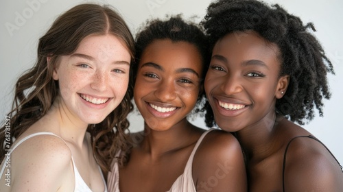 Three young women with different skin tones smiling together showcasing friendship and diversity against a plain background.