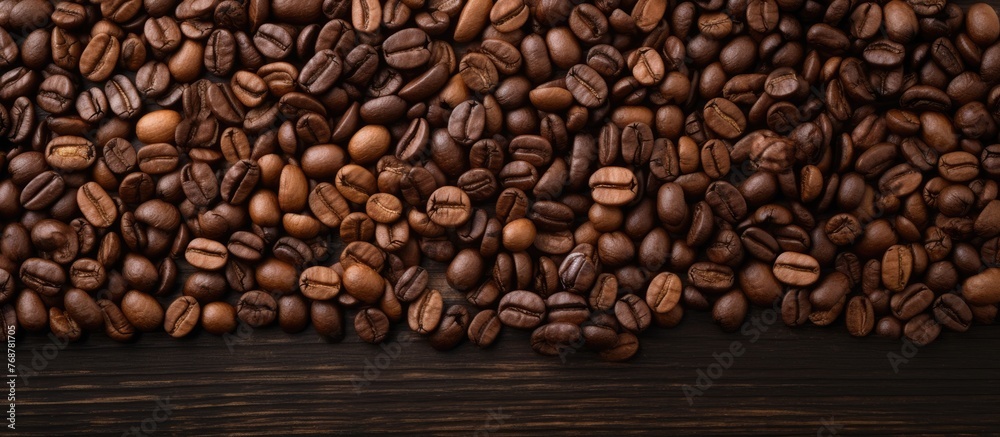 Many coffee beans in a heap spread out on a rustic wooden surface Many coffee beans in a heap spread out on a rustic wooden surface