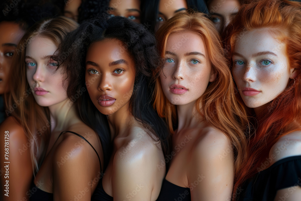 Obraz premium A group of women with different hair colors and styles are standing together. Concept of unity. Portrait of many attractive female fashion models with great skincare of all races, Tones and style.