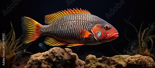 Vibrant Tropheus moorii Kasakalawe fish, known for its striking red and yellow head, swimming gracefully in a tank
