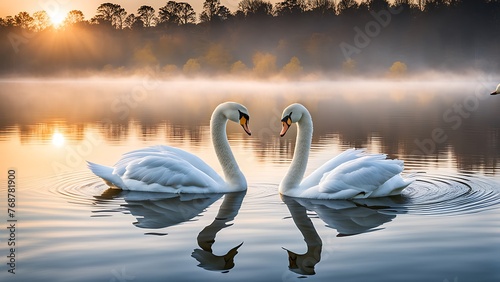 Two white swans on the lake at sunrise. Beautiful swans swimming on the lake at sunrise.