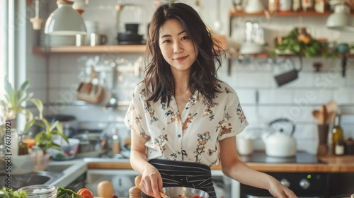 Asian woman in kitchen smiling wearing floral shirt black apron preparing food surrounded by cooking utensils plants and kitchenware.