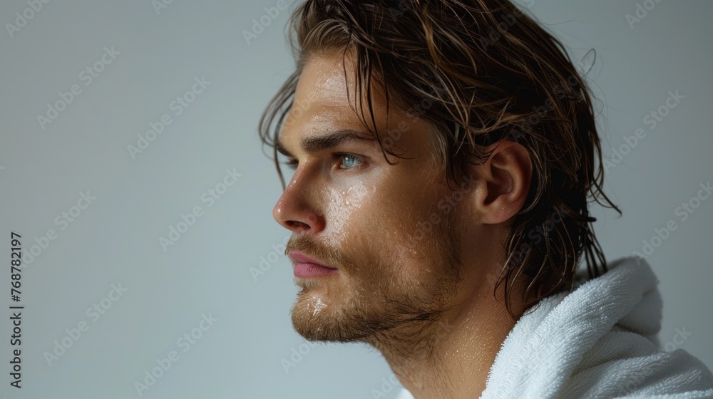 Fototapeta premium A man with wet hair and a towel looking off to the side with a thoughtful expression.