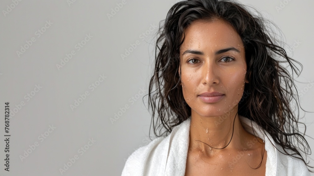 Woman with wet hair and skin wearing white towel looking directly at camera with soft expression. Woman with wet hair and skin wearing white towel looking directly at camera with soft expression.