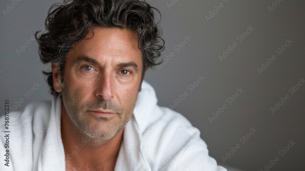 A man with curly hair and a beard wearing a white robe looking contemplative with a slight smile. A man with curly hair and a beard wearing a white robe looking contemplative with a slight smile.