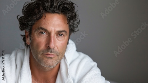 A man with curly hair and a beard wearing a white robe looking contemplative with a slight smile. © iuricazac