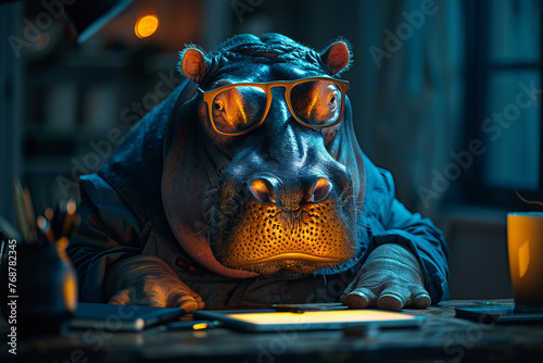 Intelligent Midnight Hippo Reviews Documents in Cozy Blue Office Banner