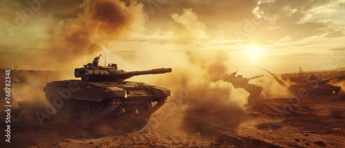 Dramatic battle scene with tanks engaged in combat amidst billowing smoke.