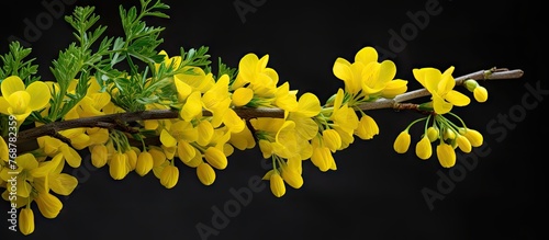 Branch of Vetch-like coronilla with yellow flowers, known as Hippocrepis emerus subsp emeroides, set against a dark black backdrop photo