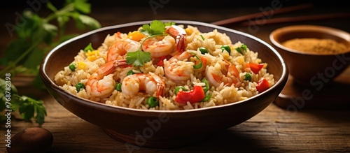 A tempting bowl of rice mixed with savory shrimp, fresh vegetables, and flavorful seasoning, served on a wooden surface