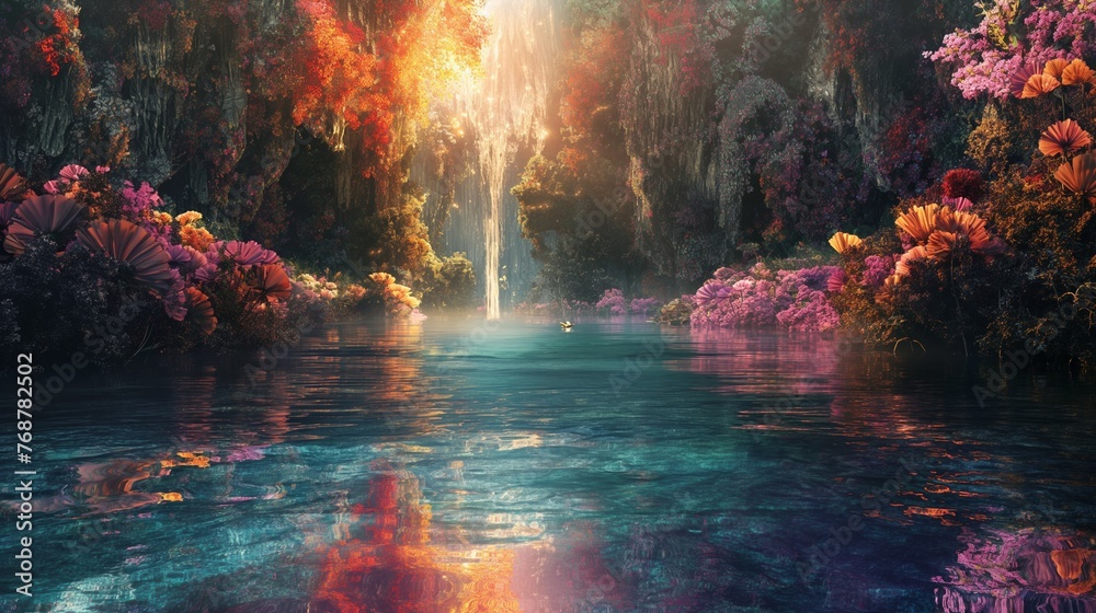 Mystical Waterfall Oasis with Vibrant Flora Reflections