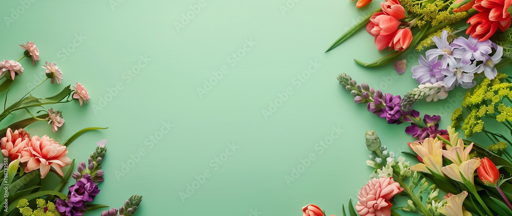 Fototapeta premium Bouquet of tulips on green background with copy space.