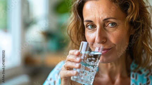 A woman with curly hair drinking water from a glass with a soft smile and relaxed expression set against a blurred indoor background.