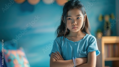 Young girl with arms crossed standing in a room with a blue wall looking directly at the camera with a serious expression.
