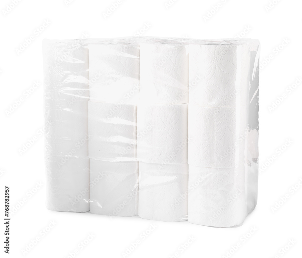 Package with many soft toilet paper rolls isolated on white Package with many soft toilet paper rolls isolated on white