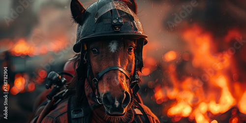 Brave Equine Firefighter Captured in Action Amongst Intense Flames - Heroic Banner photo